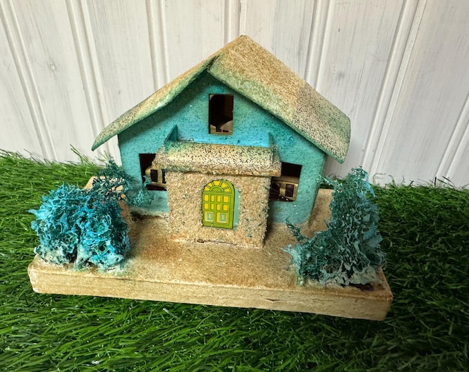 Vintage Turquoise Putz House: Glitter Snow, Made in Japan, 1950s