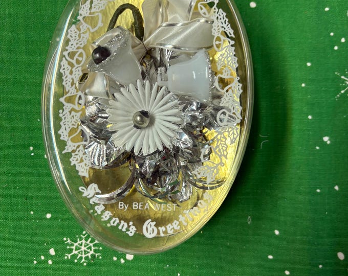 Vintage Bea West White Christmas Corsage: Plastic Flower, Bells, Bow (Original Box)
