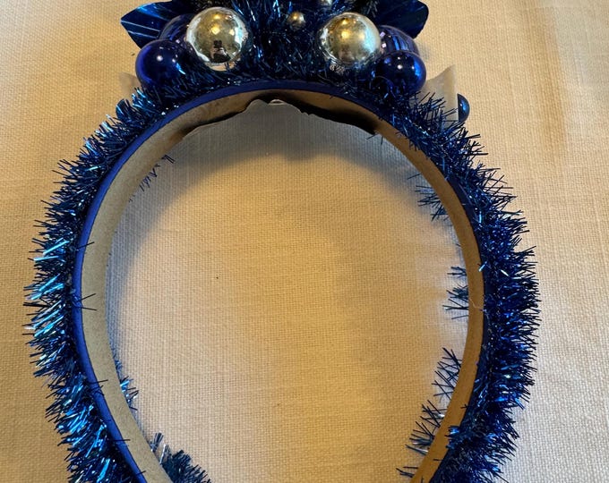 Handmade Christmas Headband: Blue Bottle Brush Tree, Sugar Bells, Vintage Reflector