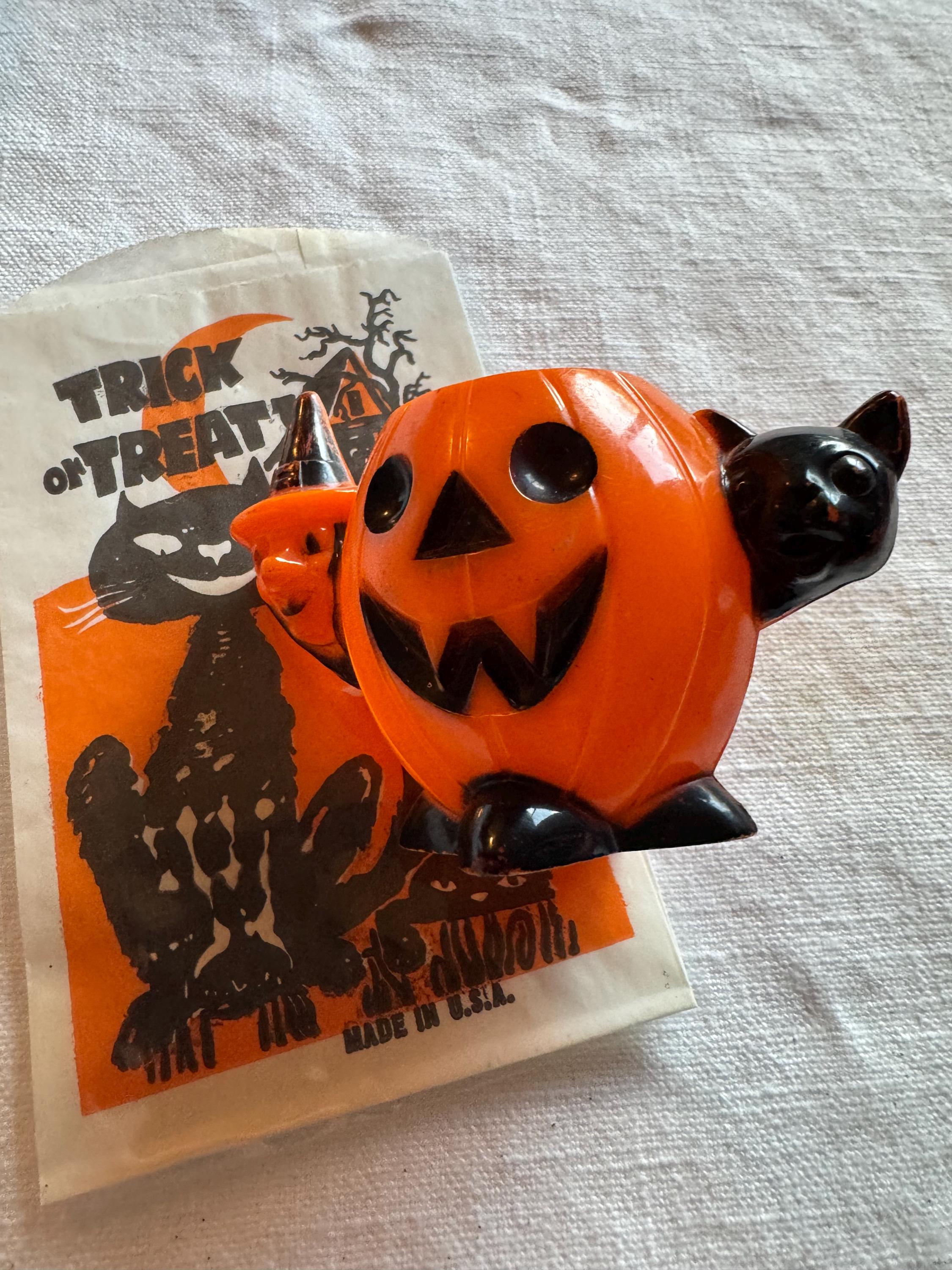 Vintage Rosbro Plastics Witch with Cat with a Jack-O-Lantern