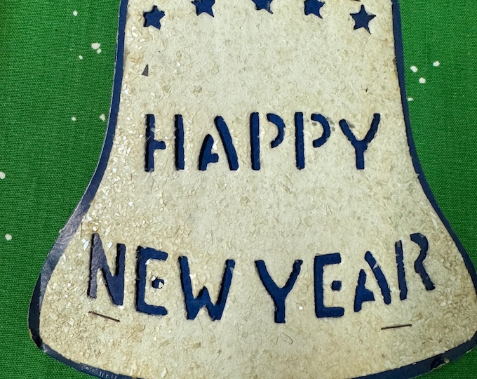 Vintage White and Blue Happy New Year Bell Decoration: Cardboard, German glass glitter