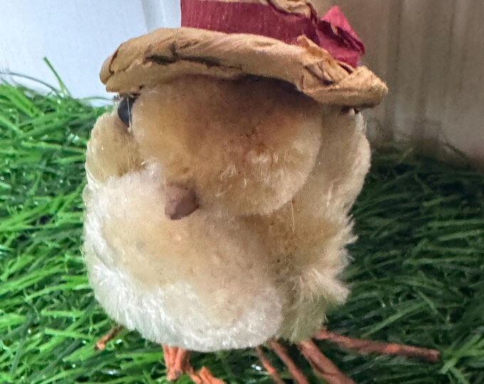 Vintage Chenille Chick with Straw Hat - Made in Occupied Japan
