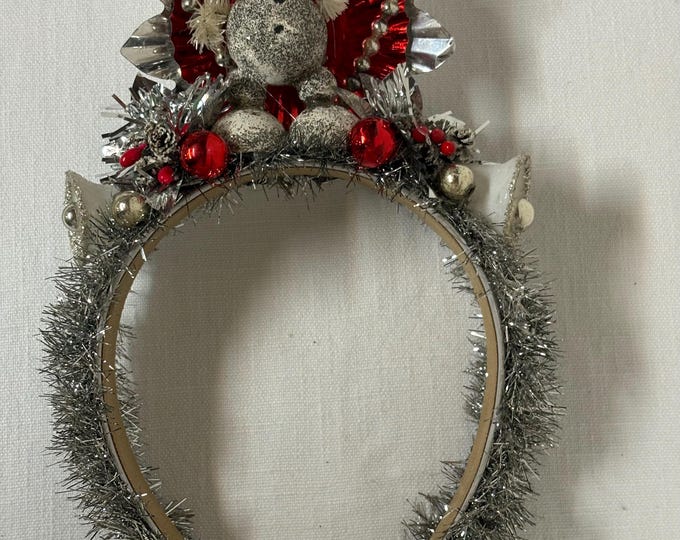Handcrafted Vintage Red and Silver Putz Snowman and Aluminum Reflector Christmas Headband