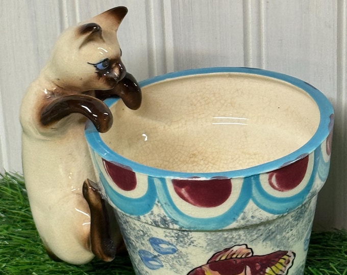 Vintage Ceramic Siamese Cat and Goldfish Planter: Unmarked, 1950, Made in Japan