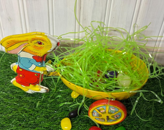Vintage J Chein Bunny with His Egg Shaped Cart Toy: 1950, USA, Easter Decor