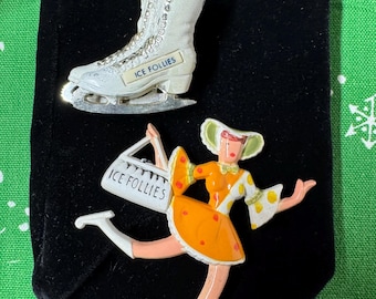 Vintage Set of 2 Shipstads & Johnson Ice Follies Souvenir Pins, Skates and Skater, Plastic or Celluloid, 1940/1950, Made in USA