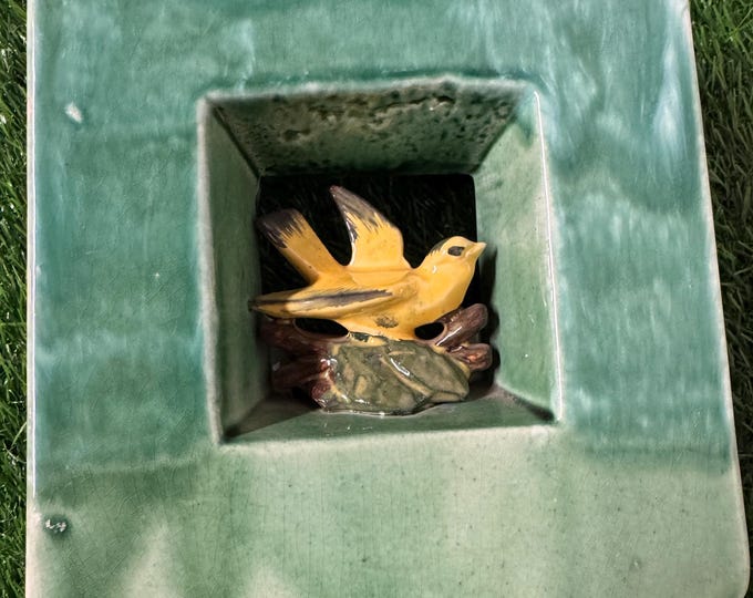 Vintage McCoy Green Square Vase with a Yellow Bird: 1950, Marked, Heavy