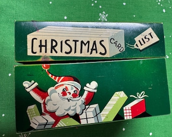 Vintage Mayfair Christmas Card List Box, 1954, Santa and His Presents, Well Used