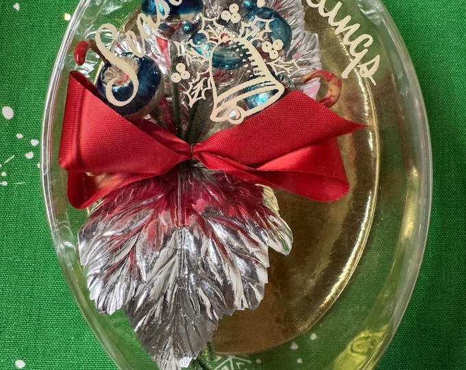 Vintage Christmas Corsage: Indent Ornaments, Silver Leaf, Original Box