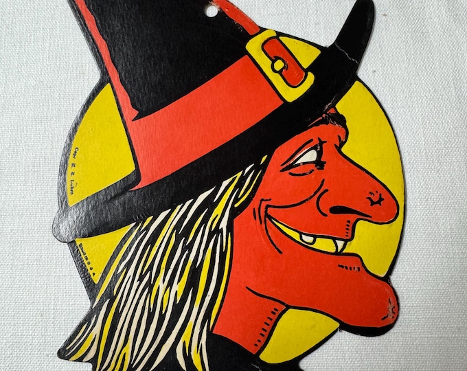 Vintage H. E. Luhrs Halloween Die Cut Witch Face Hanging Decoration, Made in USA