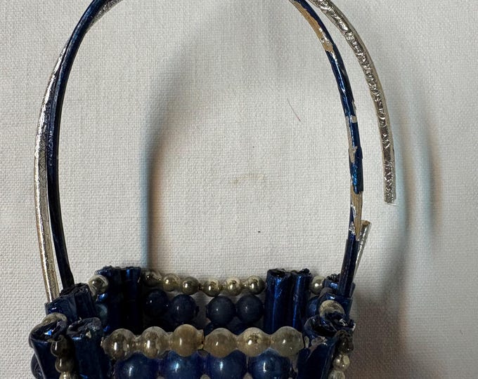 Vintage Blue Mercury Glass Oblong Bead Basket: 20inches, 1940