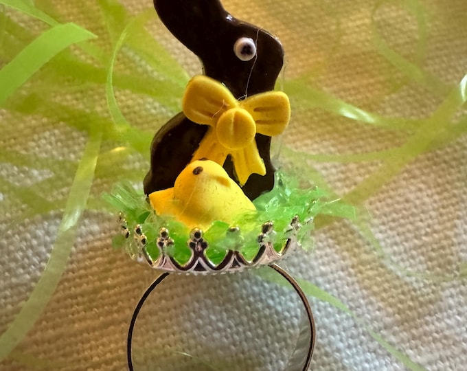 Handcrafted Faux Chocolate Bunny and Marshmallow Chick Ring: Handmade Jewelry