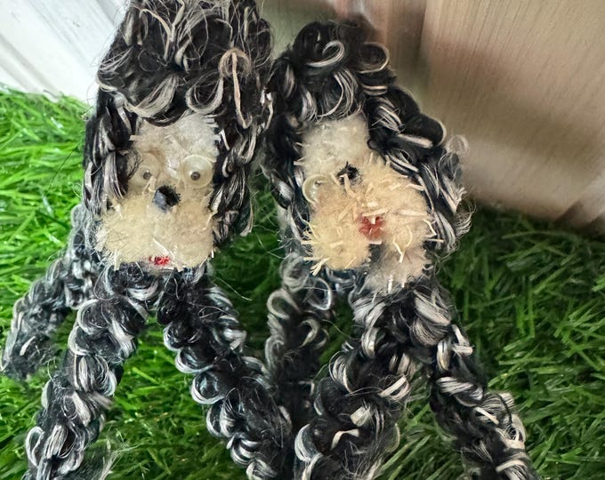 Two Vintage Black and White Chenille Poodles with Googly Eyes, Unmarked, Made In Japan, 1950, One dog missing an eye