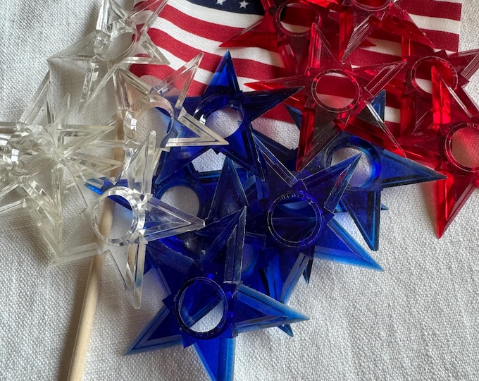 Vintage GLOLITE Hard Plastic Star Decorations: Red, Blue, Clear (Set of 16)