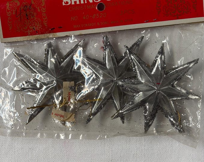 Vintage Shiny Brite Silver Glitter Star Decorations (3 Pieces), MCM Japan 1967