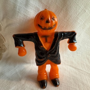 Vintage Rosbro Plastics Pumpkin Head Scarecrow Candy Holder-1950