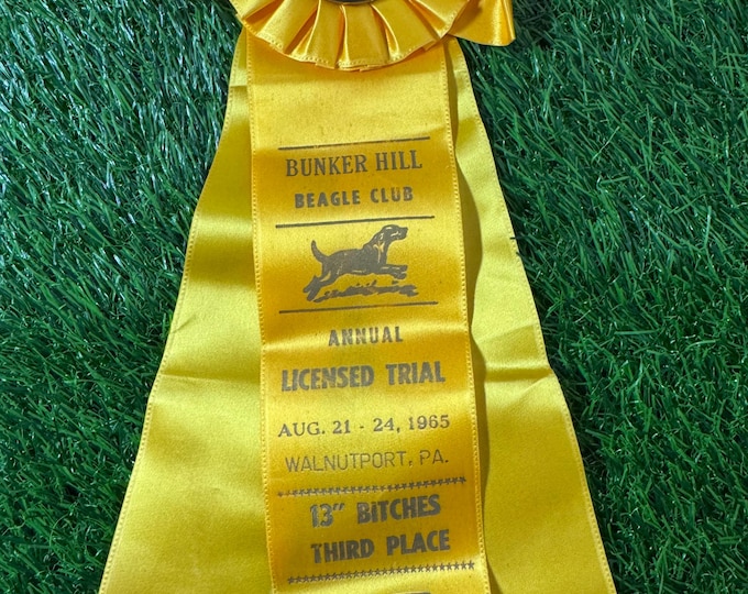 Vintage AKC Yellow Bunker Hill Beagle Club Ribbon Walnut Port, PA, 1965