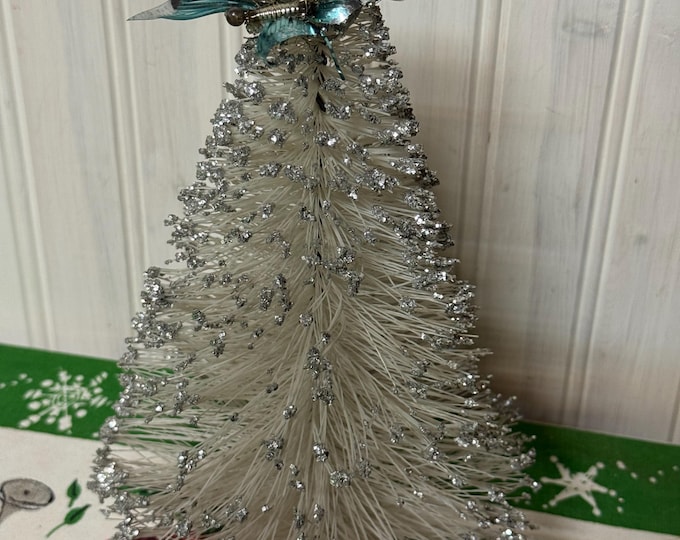 Vintage White Synthetic Bottle Brush Tree with White Base: 1950