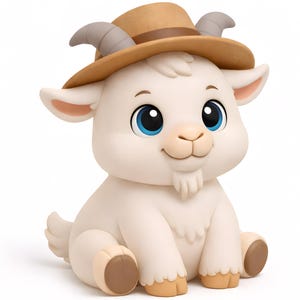 May include: A charming, cartoon-style goat figurine. The goat is off-white with a brown hat, gray horns, and blue eyes. It is sitting down with its legs tucked in. The goat has a small beard and a friendly smile.