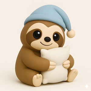 Puede incluir: Una figura de perezoso de dibujos animados con un gorro de dormir azul claro y una almohada blanca. El perezoso tiene ojos grandes y oscuros y una expresión sonriente. La figura es marrón y beige, con un acabado liso y brillante.