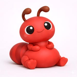 Puede incluir: Una alegre figura de hormiga roja de estilo caricatura, con ojos grandes y expresivos y una sonrisa amistosa. La hormiga tiene antenas marrones y un cuerpo segmentado, con un abdomen redondeado. La figura está sentada, con las piernas y los brazos visibles.