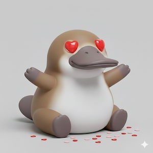 Puede incluir: Una figura de dibujos animados de ornitorrinco con ojos en forma de corazón y brazos extendidos. El ornitorrinco tiene cabeza y extremidades marrones, vientre blanco y pico y cola grises. Pequeños confeti en forma de corazón rojo y rosa están esparcidos.
