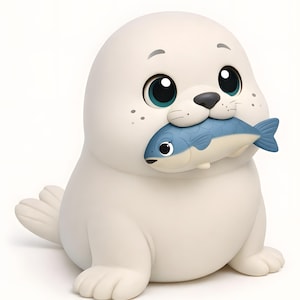 Puede incluir: Figura de foca blanca con ojos grandes y expresivos y una pequeña nariz negra. La foca sostiene un pez azul y blanco en la boca. La figura tiene un diseño suave y redondeado, sobre un fondo blanco.