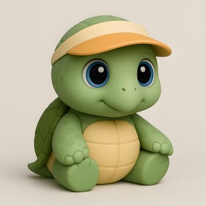 Puede incluir: Una linda figura de tortuga de dibujos animados. La tortuga es principalmente verde con un caparazón amarillo y una visera a juego. Tiene grandes ojos azules y está sentada. El diseño es suave y amigable.