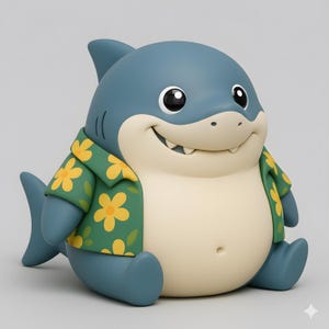 May include: A cartoon shark figurine in a seated position. The shark is blue with a cream-colored belly and a green shirt with yellow flower patterns. The shark has a friendly smile and large black eyes.