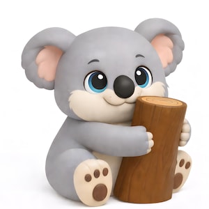 Puede incluir: Un koala de dibujos animados en tonos grises y beige, con grandes ojos azules y una nariz negra, abraza un tronco marrón. Las orejas del koala tienen detalles rosas en el interior, y sus patas y pies también son beige.