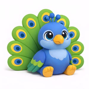 May include: A blue cartoon peacock figurine with a large green and yellow tail. The peacock has a blue body, a light blue chest, and yellow feet and beak. The eyes are large and round with white highlights.