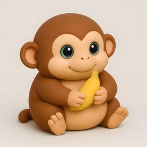 Puede incluir: Una figura de mono de dibujos animados marrón con grandes ojos verdes expresivos y una sonrisa alegre. El mono sostiene un plátano amarillo. La figura tiene un diseño suave y redondeado, lo que sugiere un personaje juguetón y amigable.