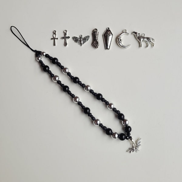 Small Silver Charm Gothic Beaded Mobile Cell Phone Charm Accessory Strap