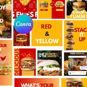 50 Templates Instagram Burger Red Yellow Fast Food | Canva Template | Customizable Template | Social Media Food | digital download