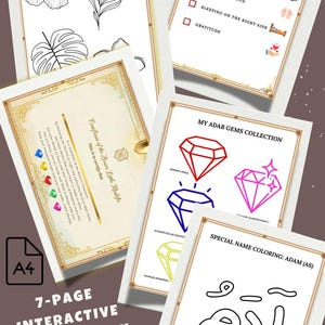 Puede incluir: Un paquete de actividades interactivas de 7 páginas con páginas imprimibles. Las páginas incluyen ilustraciones de flores y hojas, una lista de verificación de la rutina de acostarse, ilustraciones de diamantes y una página para colorear nombres. El paquete está diseñado para ser divertido y educativo.