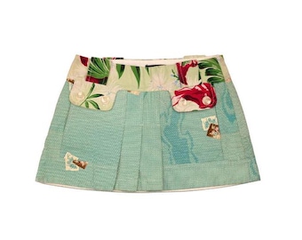 Y2K CUSTO BARCELONA Vintage Skirt / 1990S- 2000s Vintage Custo low waisted pleated mini skirt w Japanese motifs and floral designs.