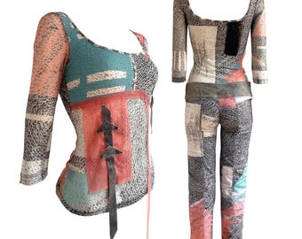 90S/2000S Twin set including mesh top & pants/ Legatte Jeans set with artsy print all over and  fabric decorations/ Y2k Fairycore pants suit