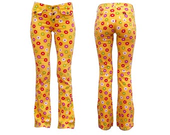90s Flare denim pants with daisy pattern by Spanish brand Lois/ 90s 2000s Christina Aguilera pants/ Low waist bell bottoms flower power