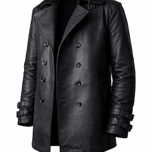 Handmade Men's Black Leather biker Jacket | R-E Inspired Style cosplay | Double Breasted Fur Collar