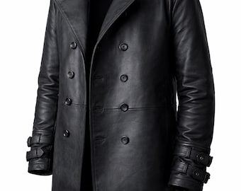 Chaqueta de cuero negra para hombre hecha a mano estilo motero / Cosplay inspirado en R-E / Cuello de piel de doble botonadura