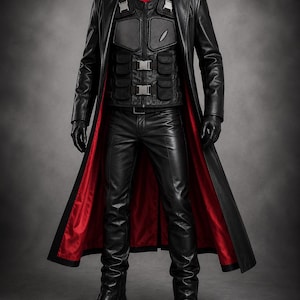 Può includere: Un trench in pelle nera con fodera rosso vivace indossato sopra un gilet tattico nero con fibbie argentate e tasche, una camicia rossa, pantaloni in pelle nera e stivali in pelle nera. L'insieme include guanti in pelle nera sul manichino.