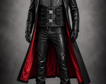 May include: A black leather trench coat with a vibrant red lining worn over a black tactical vest with silver buckles and pockets, a red shirt, black leather trousers, and black leather boots. The ensemble includes black leather gloves on the mannequin.