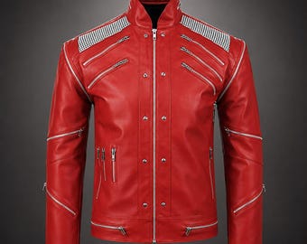 Chaqueta de cuero roja inspirada en el Rey del Pop / Chaqueta de motociclista retro / Disfraz de concierto de MJ / Traje de cosplay para hombre