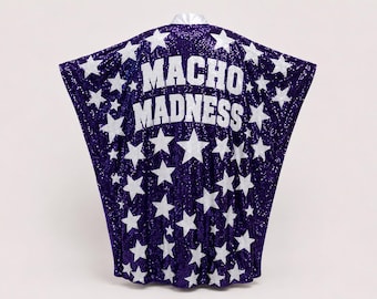 Capa de lentejuelas moradas con estrellas estilo MACHO Madness / Poncho brillante de entrada inspirado en la lucha libre / Capa de disfraz con purpurina / Ropa de escenario retro para showman