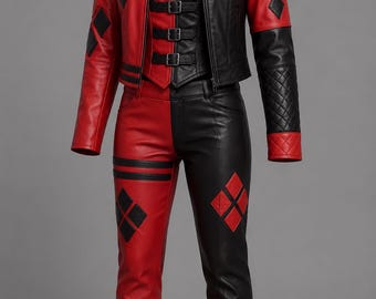 Conjunto de chaqueta, chaleco y pantalones inspirados en HQ / Disfraz de cosplay de cuero rojo y negro para mujer / Disfraz de supervillano / Ropa para Halloween y convenciones
