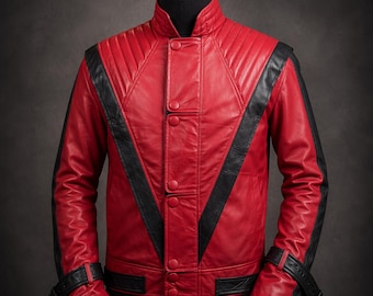 Chaqueta de cuero rojo para hombre hecha a mano, estilo icono pop – Abrigo motero negro con raya en V inspirado en Thriller – Estilo rey del rock