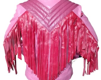 Disfraz rosa de Garrison para cosplay, chaqueta de cuero rosa con flecos de Garbage Men.