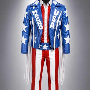 Macho Man USA Costume Set – Blue Fringe Jacket, Patriotic Red White Blue Pants, Shirt &  Cowboy Hat  | Wrestling Inspired Leather Outfit