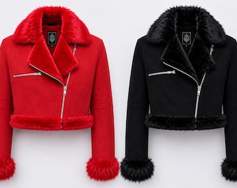 Cropped motorjack dames met kraag van imitatiebont | Bikerjack | Premium rood-zwarte outfit van suède