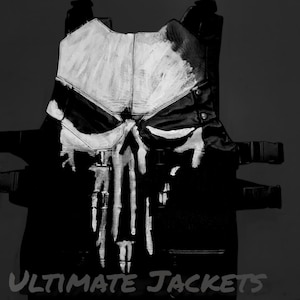 May include: Black and white tactical vest featuring a skull design on the front. The vest has adjustable straps and buckles. The text "ULTIMATE JACKETS" is printed at the bottom. This vest is designed for protection and style.